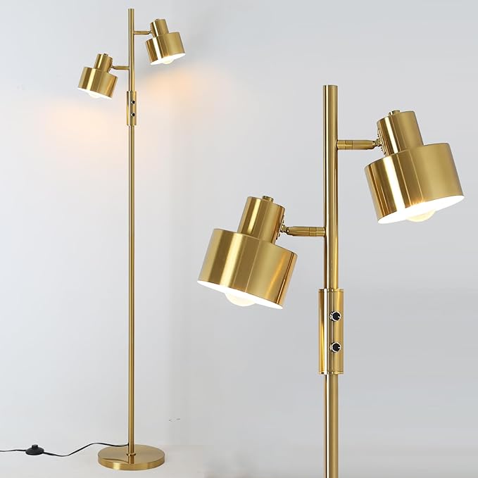 Asmymhd Dimming Floor Lamp with 2 Adjustable Head,Tall Modern Industrial Vintage Standing Lamps for Living Room, Bedroom, Office,Study,Gold Corner Light for Reading