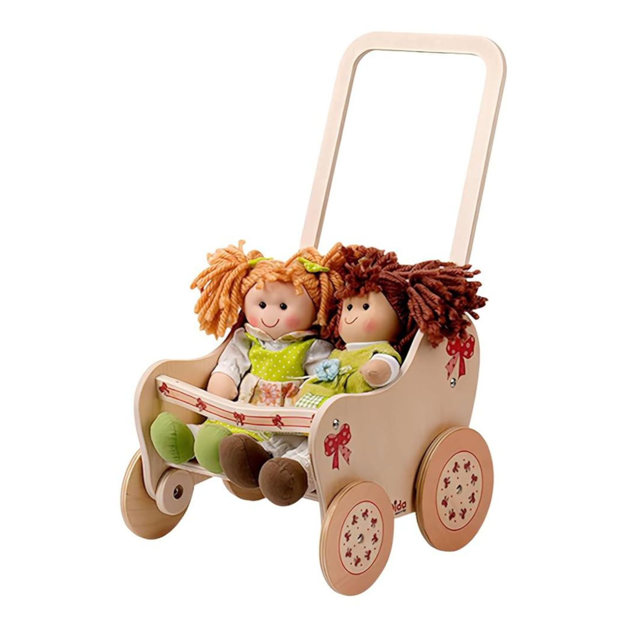 Dida | Passeggino in Legno per Bambole Fiocco, Small | 28×23×49 cm | Ruote Silenziose, Manico Ergonomico, Sedile Decorato | Gioco Montessori 2–4 Anni | Carrozzina per Bambole fino a 35 cm