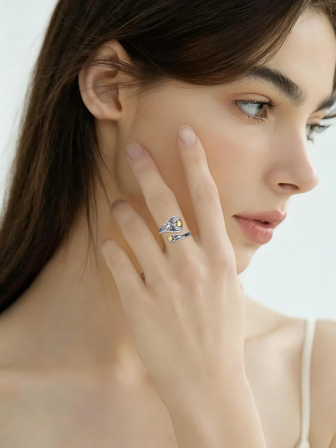 Midari Sun and Moon/Bee/Celtic/Life of Tree/Lotus Spoon Ring for Women 925 Sterling Silver Adjustable Ring Open Ring for Women Men Halloween Birthday Gift - Image 3