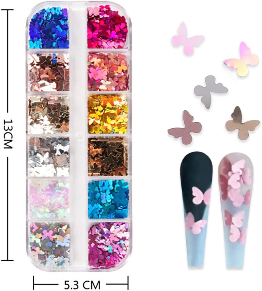 12 Grids Holographic Butterfly Nail Art Glitter Sequins 3D Sparkly Laser Butterflies Glitter for Acrylic Nail Design Manicure Paillettes Ultrathin Face Body Decoration Accessories