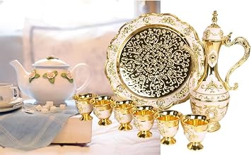 Vintage Turkish Coffee Pot Set Model,8.46x5.11in Tea Flask Medium Tea Sets for Women With Teapot Tray and 6 Cups Craft Decorations Flagon Set Turkish Cup Set Turkish Teapot,Small