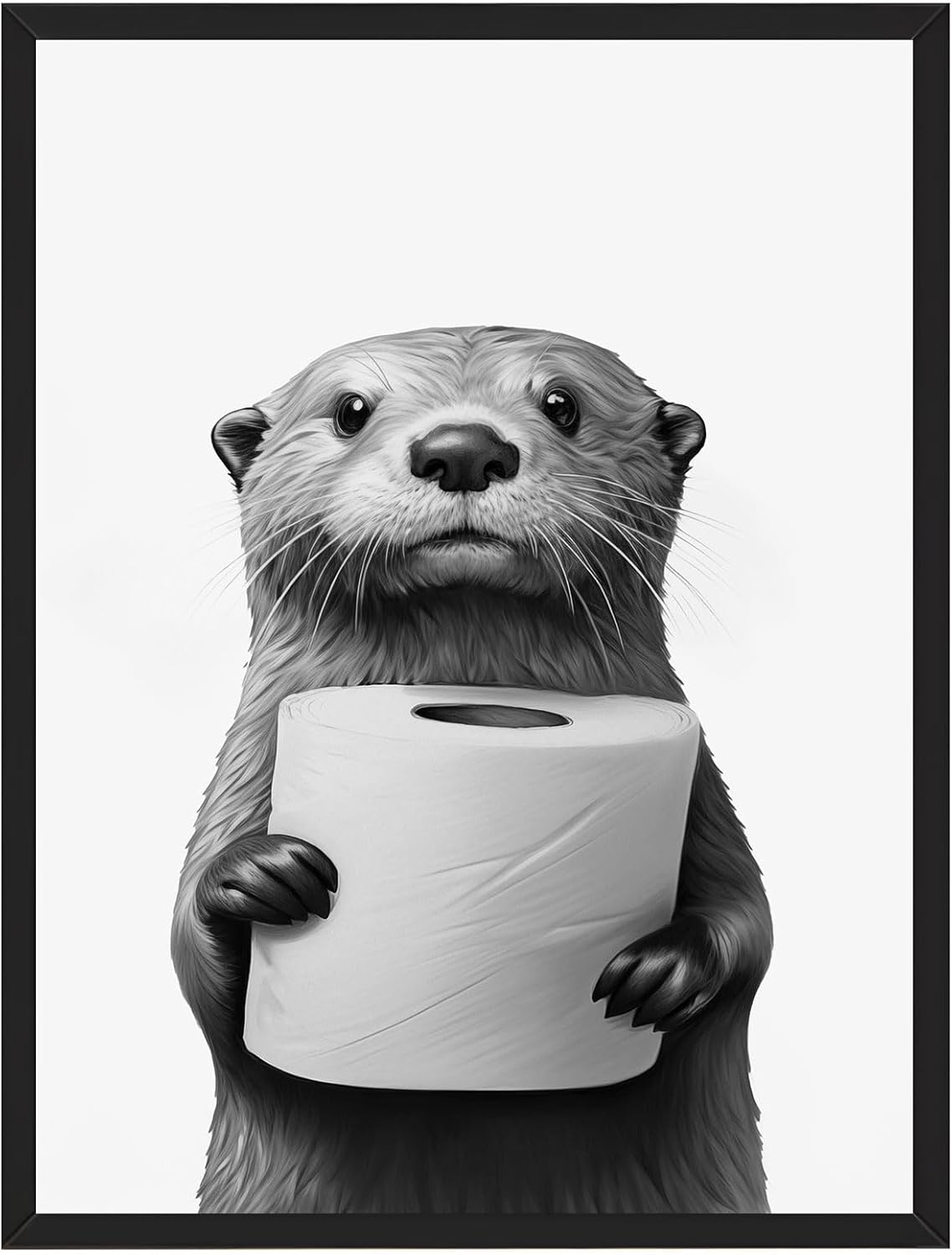 Framed Black and White Otter Poster Funny Bathroom Wall Art Humorous Toilet Signs Cute Animal with Paper Tissue Picture Canvas Print Modern Bath Restroom Washroom Wall Decor 16x24inch