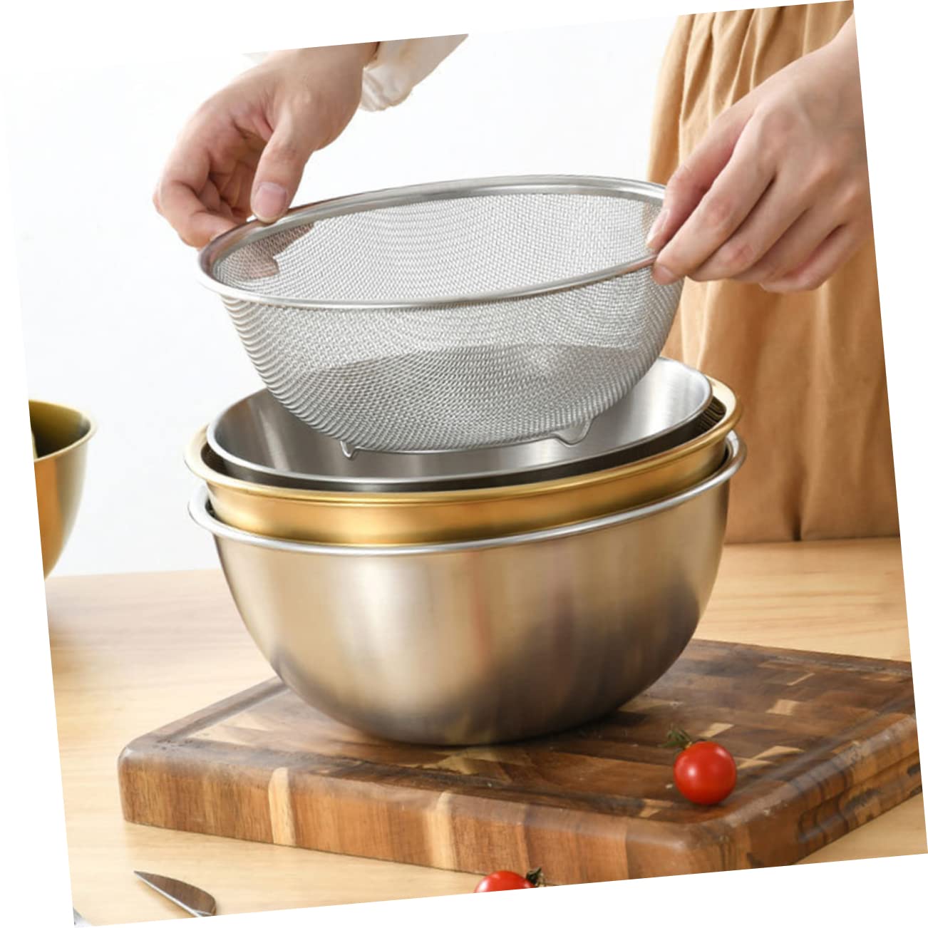 Colador de Arroz 2 Piezas de Malla Fina de Acero Inoxidable | Lavado de Verduras y Noodles, Color Plata, Estable y Antideslizante, Uso Doméstico en Cocina