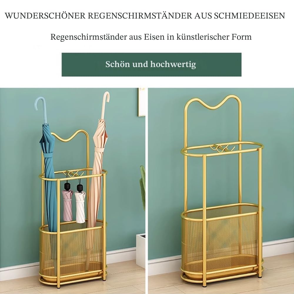 Schirmständer aus Metall, freistehend, mit Haken und Abtropfschale, Gehstock-Halter, Regenschirm-Organizer für Flur, Eingangsbereich (schwarz)