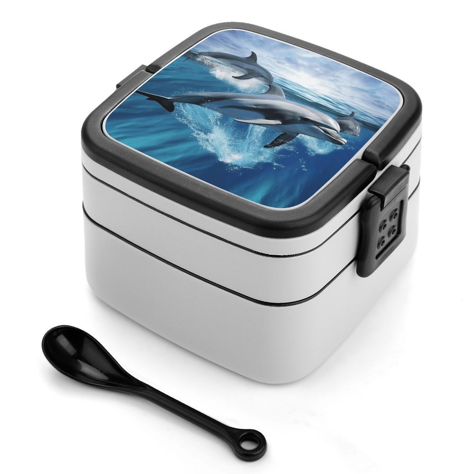 FekiLoot Dolphins Bento Box Adult Lunch Box Sealed Bento Lunch Boxes with Spoon Sturdy Double Layer Bento Boxes Snap-on Design Leak Proof Lunch Containers Ideal for Work