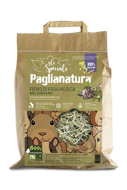 Paglianatura Alfalfa 100%, heno Rico en Calcio y proteínas para Conejos y roedores, Paquete de 600 g