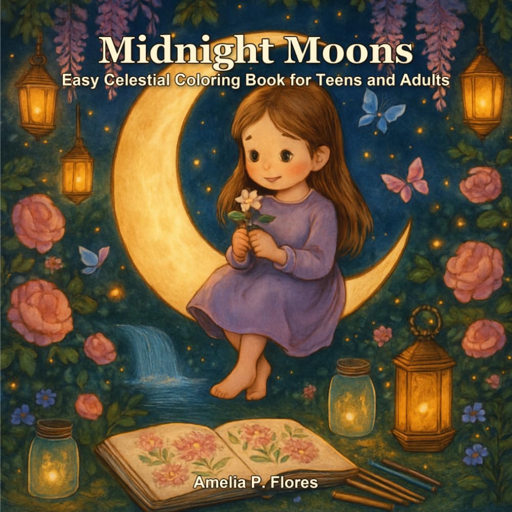 Midnight Moons: Easy Celestial Coloring Book for Teens and Adults