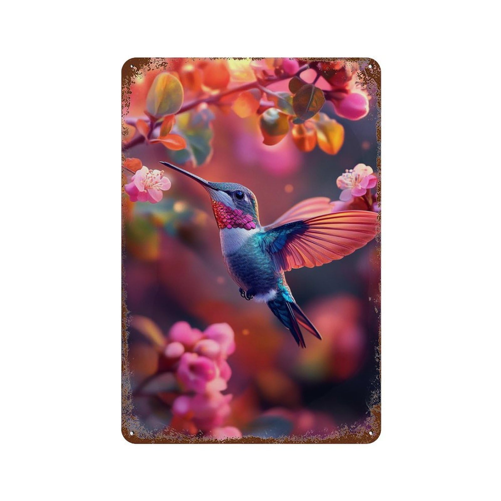 Rust Effect Hummingbird Feeding on Flowers Retro Metal Sign 11.8"x7.9", Novelty Wall Decor for Bistro, Counter And Cafe Decor