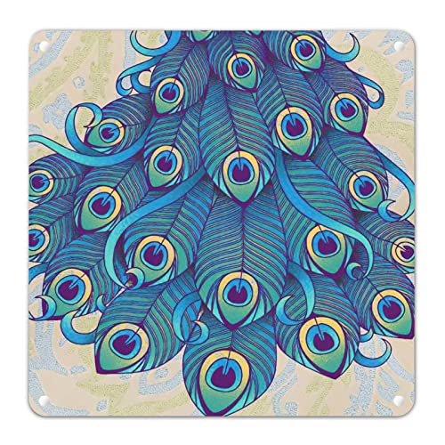 Letrero de metal con estampado gráfico vintage de plumas de pavo real azul, colorido y elegante, divertido cartel para colgar en el jardín, para el hogar, pasillo, sala de estudio, cueva de hombre, 12