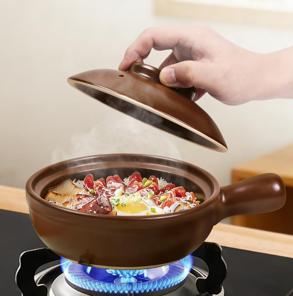 Pentola in ceramica con coperchio, pentola in argilla resistente al calore per Bibimbap, design robusto per pasti in famiglia
