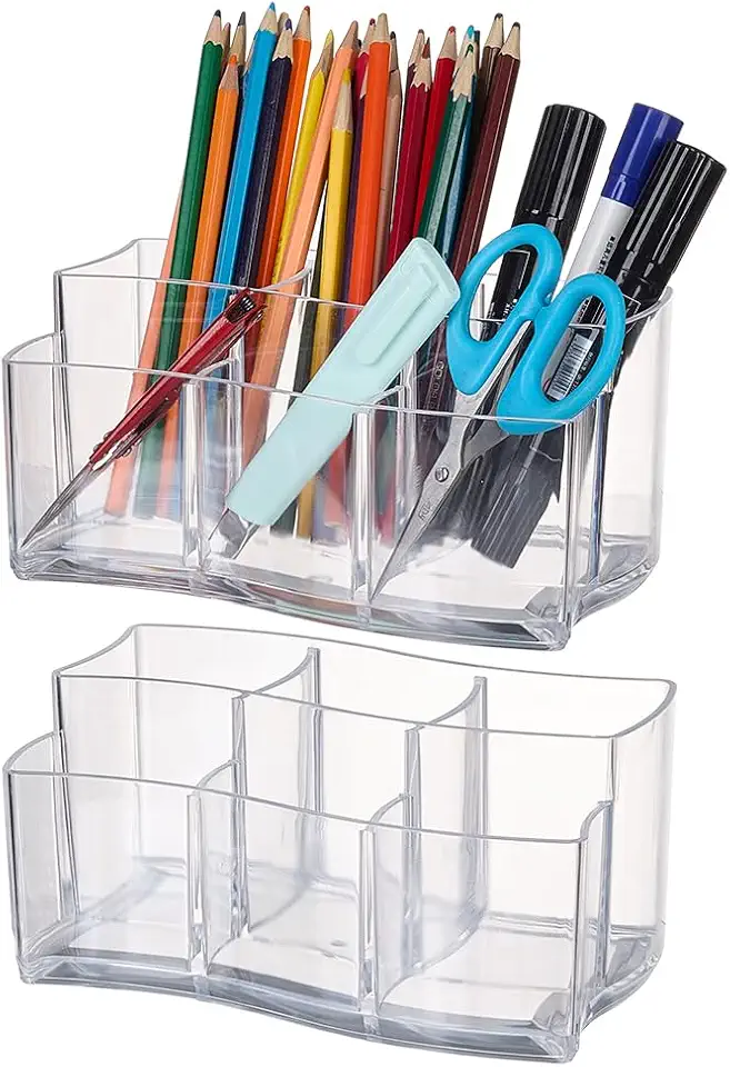 2 peças de suporte de pincel de maquiagem de acrílico transparente, organizador de 6 compartimentos para pincéis de cosméticos, organizador de artigos de papelaria para penteadeira, banheiro