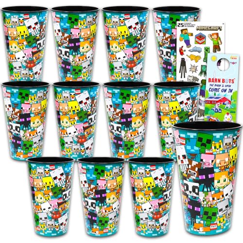 Minecraft Reusable Tumbler Cup Pack - Video Game Party Favor 12 Piece Bundle with 24 Oz Cups Plus Stickers More | Bulk Minecraft Water Tumblers