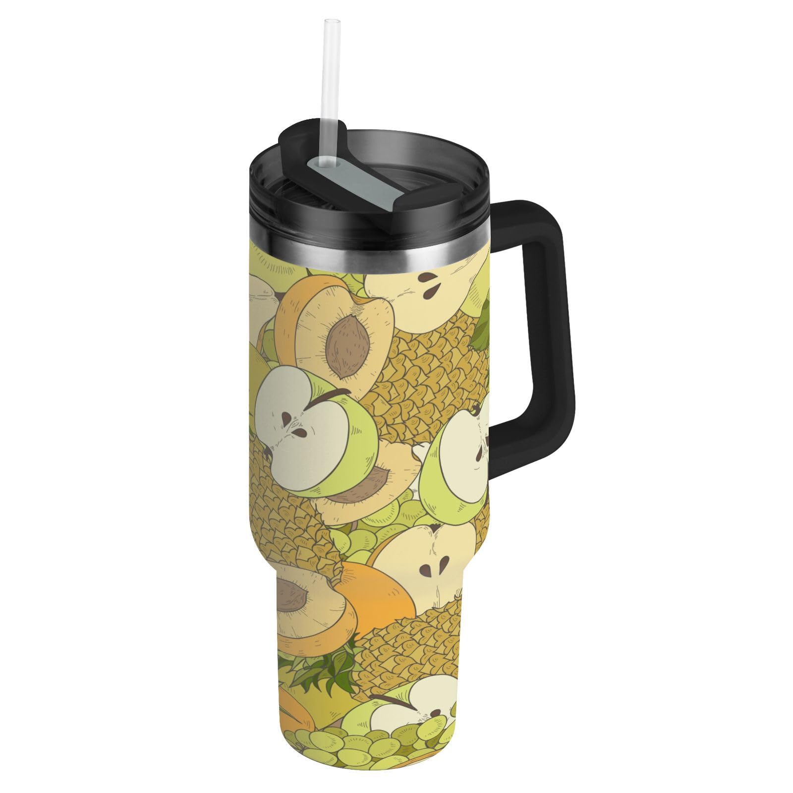 Isolierter Becher Sommerfrucht doppelwandig Edelstahl Wasserflasche Kaffeetasse Reisebecher mit Griff Strohhalmdeckel