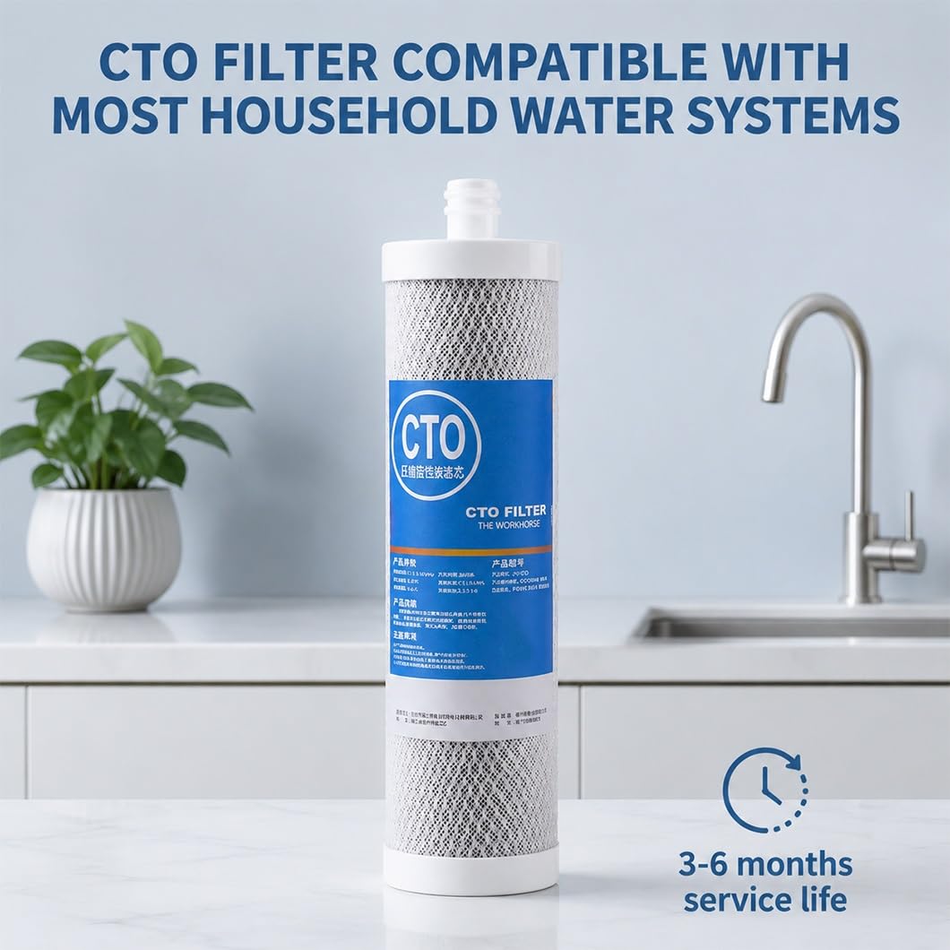 Paquete 4 cartuchos filtrantes CTO de carbón activado de cáscara de coco 10x2,6in con conexión enchufable, aptos para prefiltración bajo fregadero y por ósmosis inversa