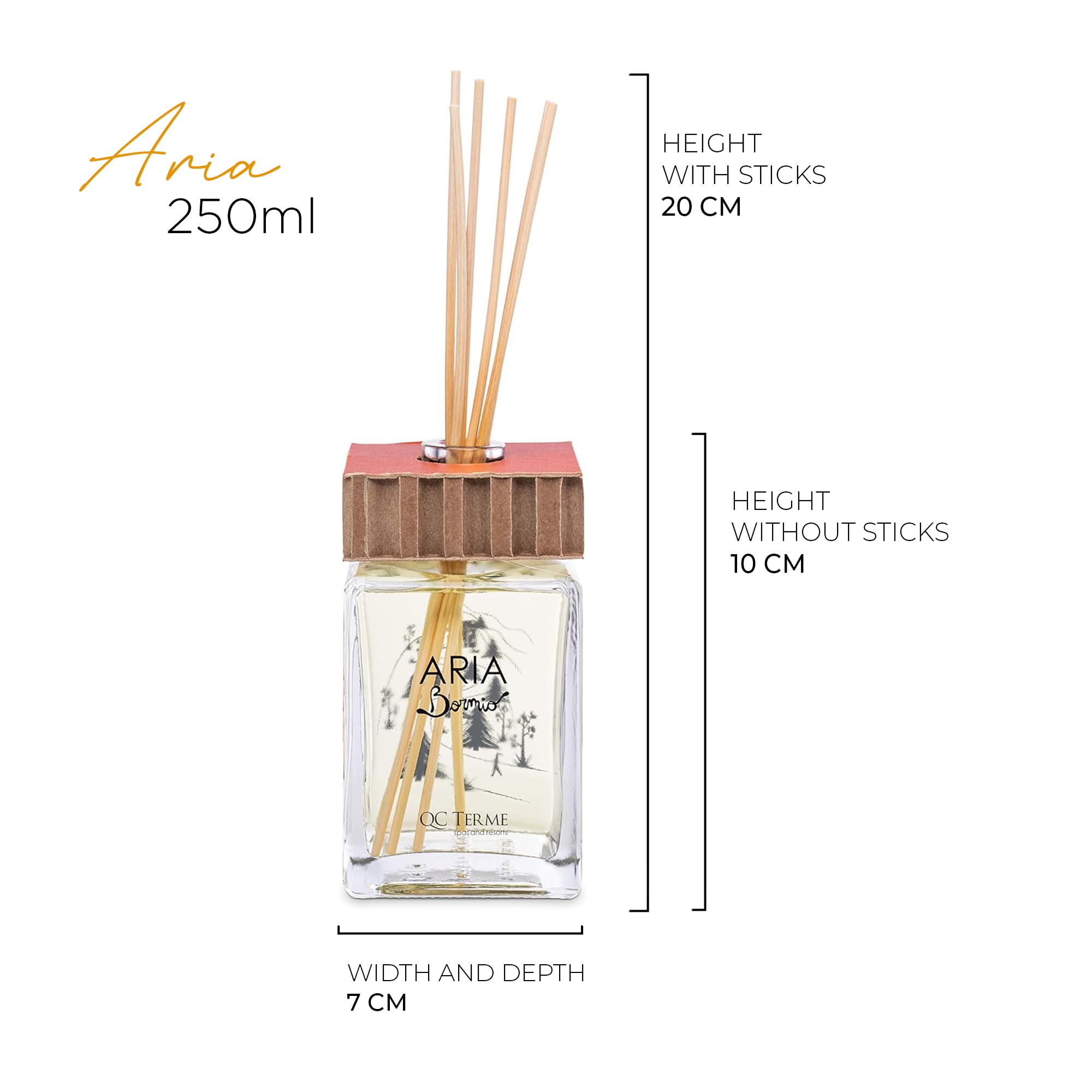 QC Terme ARIA BORMIO, Profumatore per ambiente in vetro a bastoncini 250 ml, Fragranza rigenerante con note muschiate e legnose, Made in Italy