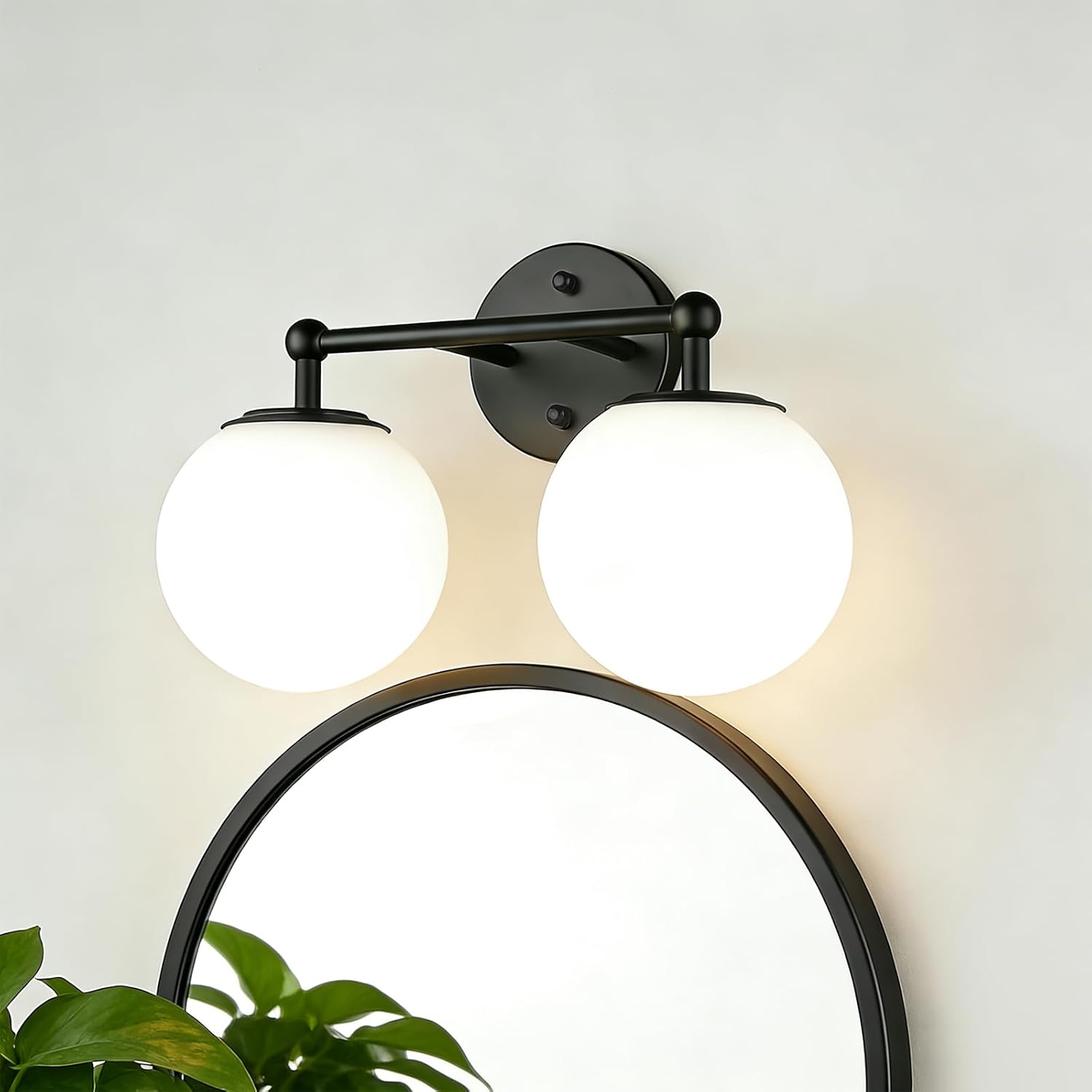 AKEZON 2-Light Black Bathroom Vanity Light Fixture, Modern Minimalist Vanity Lights with Milky White Glass Globe Shade, Wall Sconce Over Mirror Lighting for Bathroom Dressing Table Bedroom Living Room