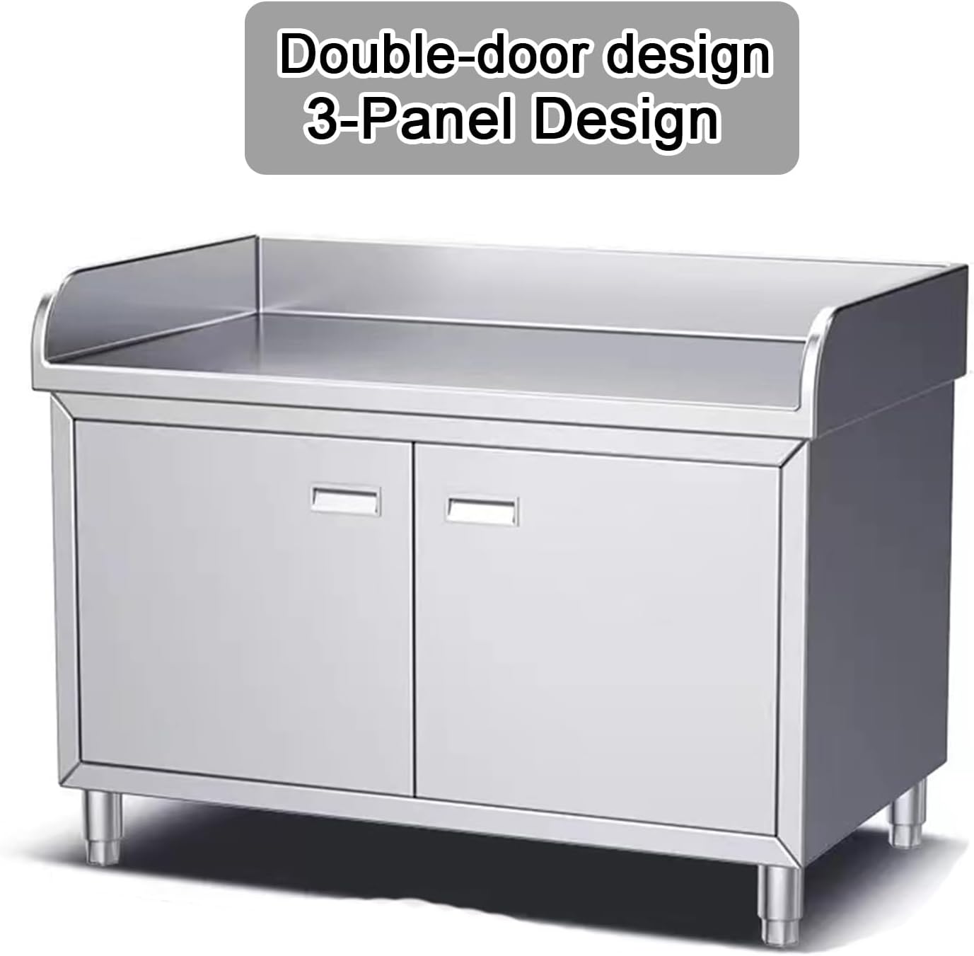 Stainless Steel Table 3-Sided Backsplash Kitchen Work Tables Commercial Storage Cabinet Built-in Door Handles Adjustable Feet Generous Capacitility Heavy-Duty Construction High Load