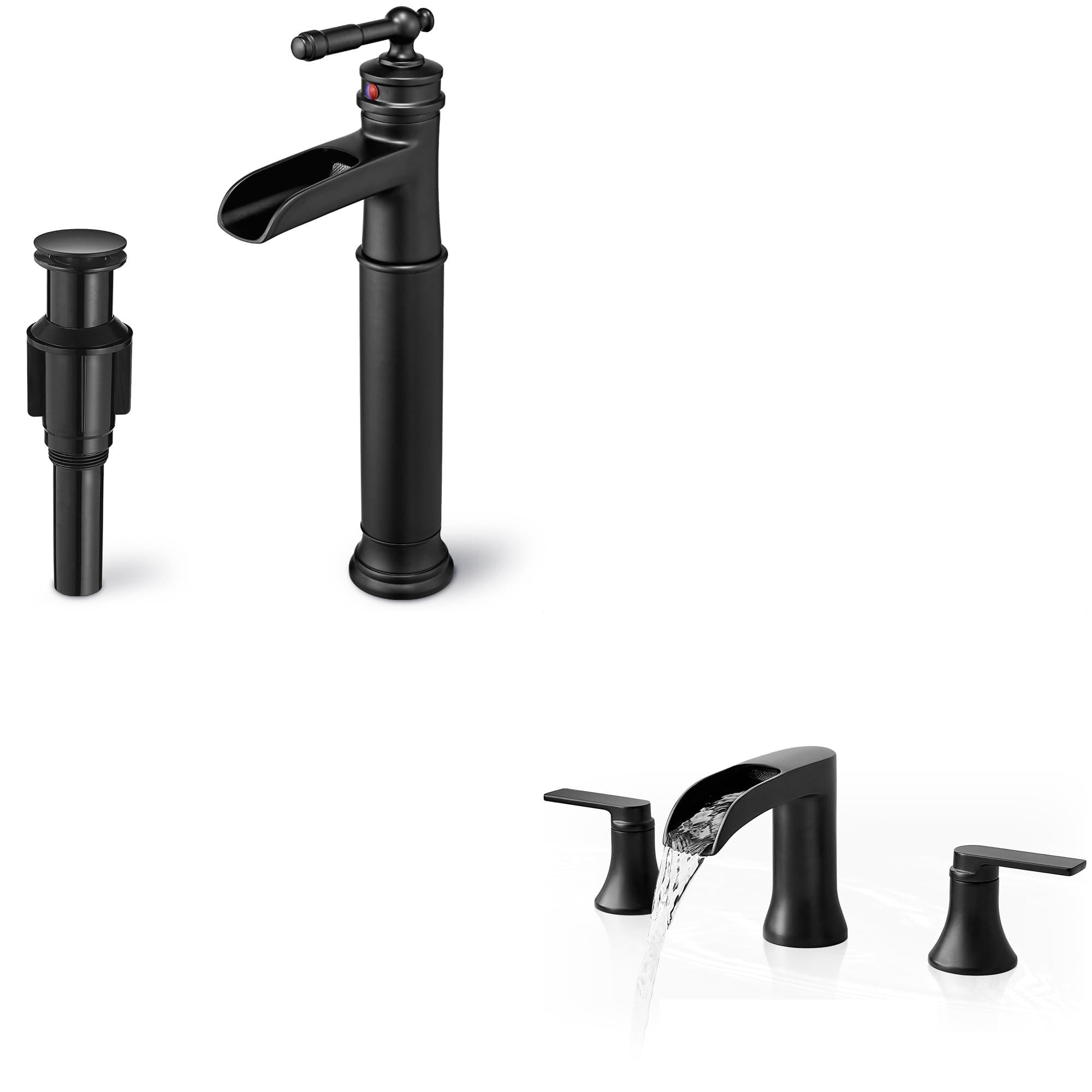 Hcfyauis Black Bathroom Faucet Waterfall Vessel Sink Faucet, Single Handle Bathroom Sink Faucet 1 Hole With Pop-Up Drain Waterfall Bathtub Faucets Set, 3 Hole Matte Tub Faucet 2 Handle