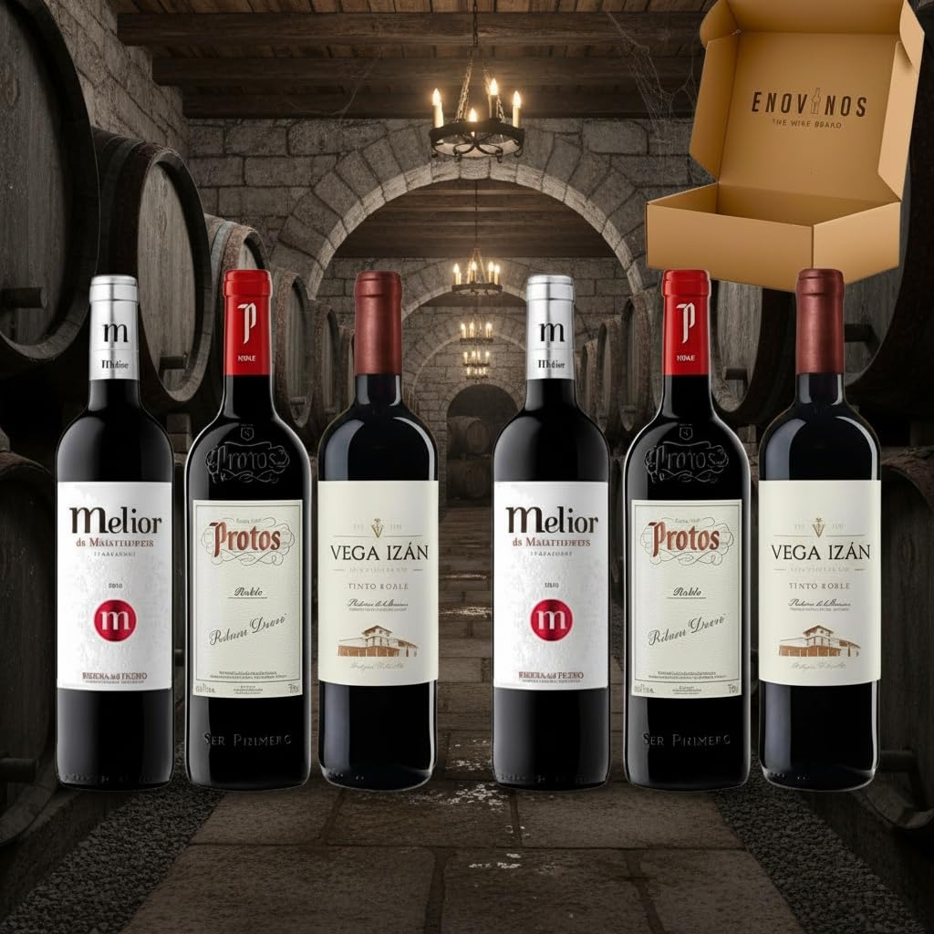 Pack Vinos Ribera del Duero Robles - Envio 24 h - Vinos Regalo - Corta crianza en barrica - 2x Melior, 2x Protos, 2 x Vega Izán - Mejor Seleccion ENOVINOS THE WINE BRAND