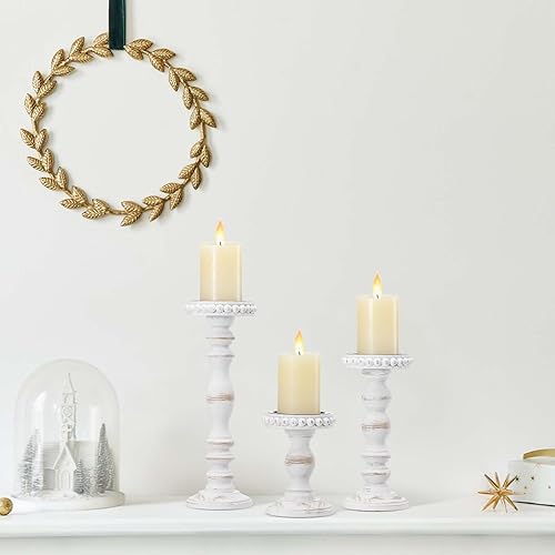 Miniatura 8 de Mumufy 3 portavelas para velas de pilar, decoración rústica de casa de campo, decoración del hogar, con cuentas lavadas, portavelas de madera blanca