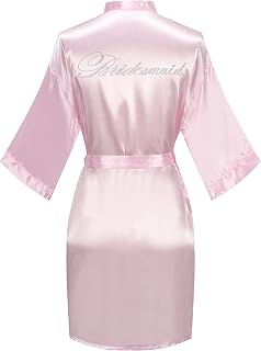 Women's Satin Kimono Robe with Silver Rhinestones Bride Bridesmaid Robes for Wedding Party Robe Getting Ready