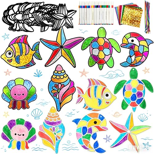 MLOLM 30 Sets Ocean Animal Fun Foil Art Craft Kit DIY Summer Painting Art Kit Creative Paper Coloring Gift Idea for Home Art Project Summer Activities Supplies