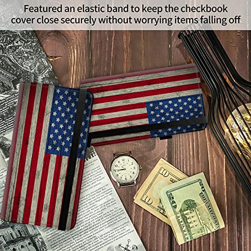 Image of FUYOCWE Leather Checkbook Covers for Men Women Check book Holder Cover Wallets for Personal Checkbook Duplicate Checks with RFID Blocking & Elastic Strap-Retro American Flag