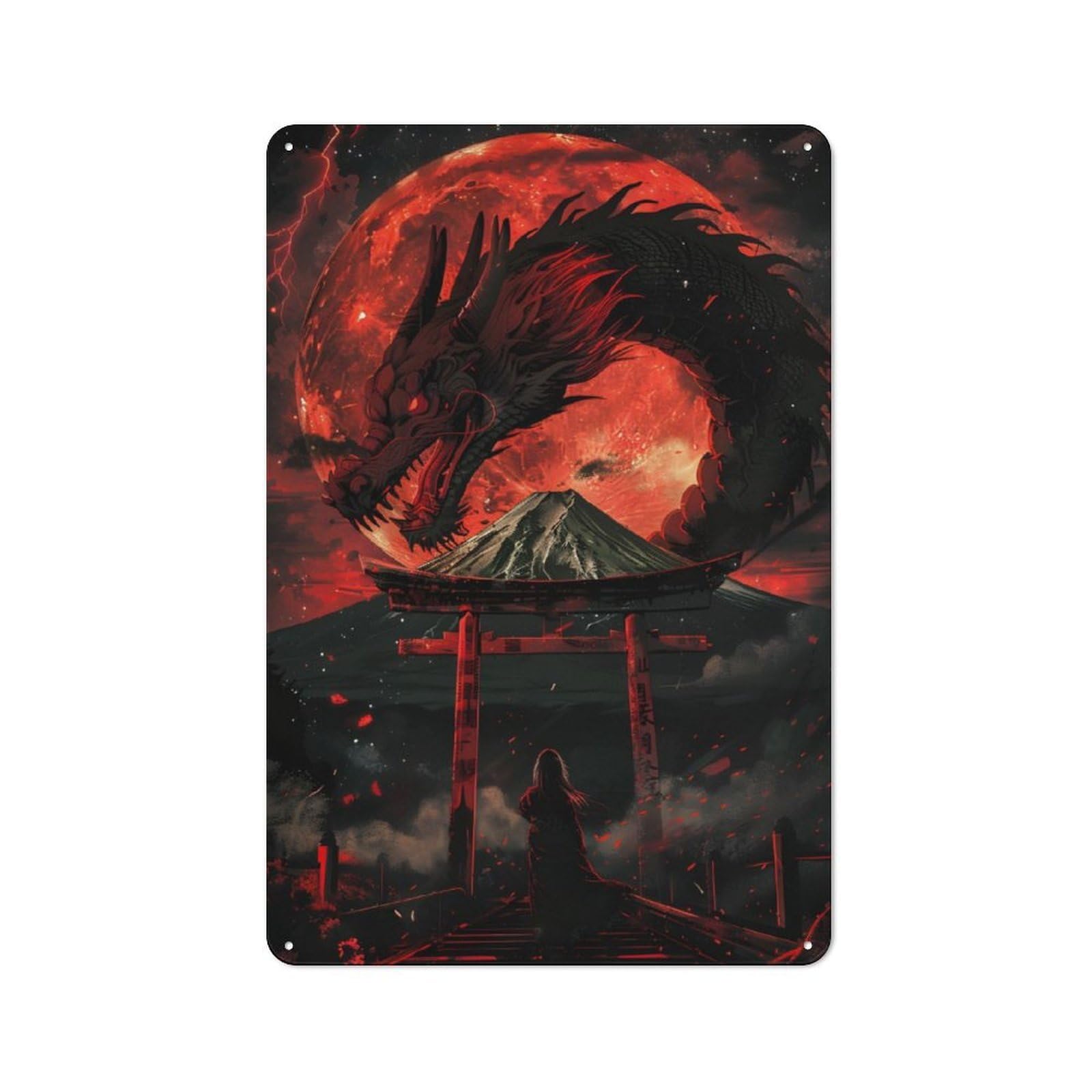 Junmoney Fantasy Red Fullmon Dragon For Garden Room Or Summerhouse, Vintage Tin Sign 30X20cm, A Metal Wall Feature For Garden Rooms And Summerhouses