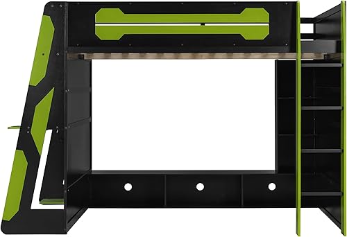Miniatura 59 de Cama loft de madera para juegos de tamaño matrimonial con escritorio para computadora y luces RGB, cama para juegos, armario abierto integrado y