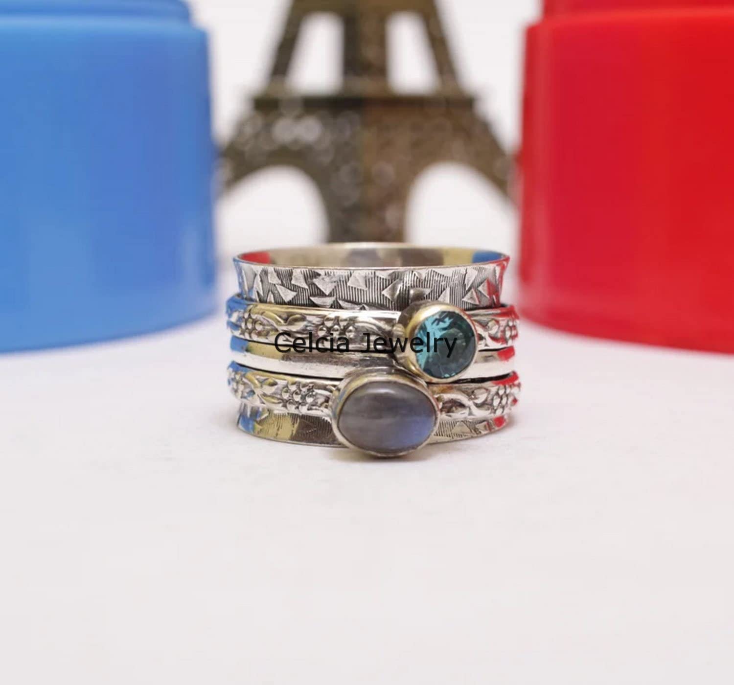 Anello di filatura di topazio blu e labradorite doppia gemma, anello di filatore di design unico, anello per il pollice, anello di ansia da meditazione, anello metafisico di regali di novembre