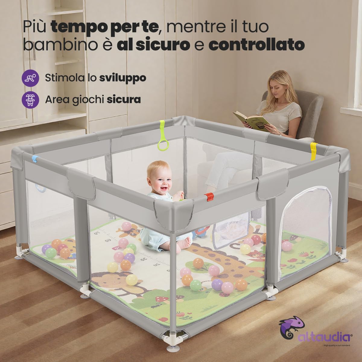 Parco giochi per 120x120 cm + Tappeto + 50 palline + Borse per il trasporto – Box per bambini con rete traspirante – Parco giochi divertente per bambini - Grigio