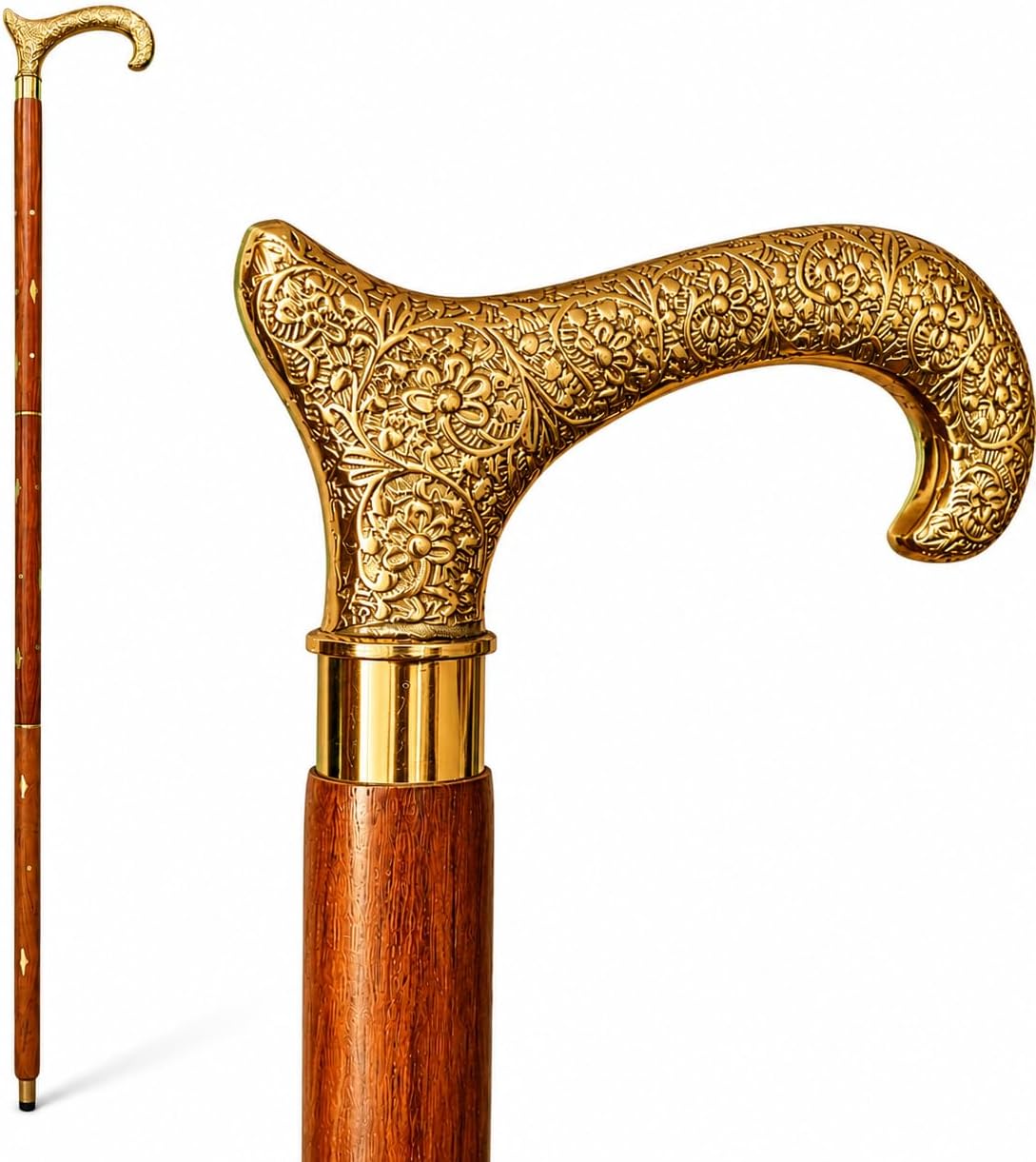 Handcrafted Wooden Walking Cane for Men – Solid Brass Kashmiri Crook Handle, 37” Hardwood Shaft with Decorative Brass Inlay, Non-Slip Rubber Tip – Vintage Gentleman’s Walking Stick