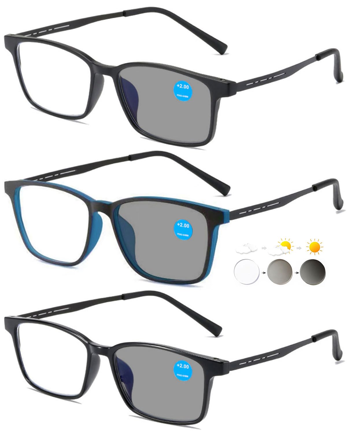 KOOSUFA Selbsttönende Lesebrille Photochrome Herren Blaulichtfilter Lesebrillen Rechteckiger Leicht TR90 Rahmen Metallbügel mit UV-Schutz Sonnenlesebrille Lesehilfe 1.0 1.5 2.0 2.5 3.0 3.5 4.0
