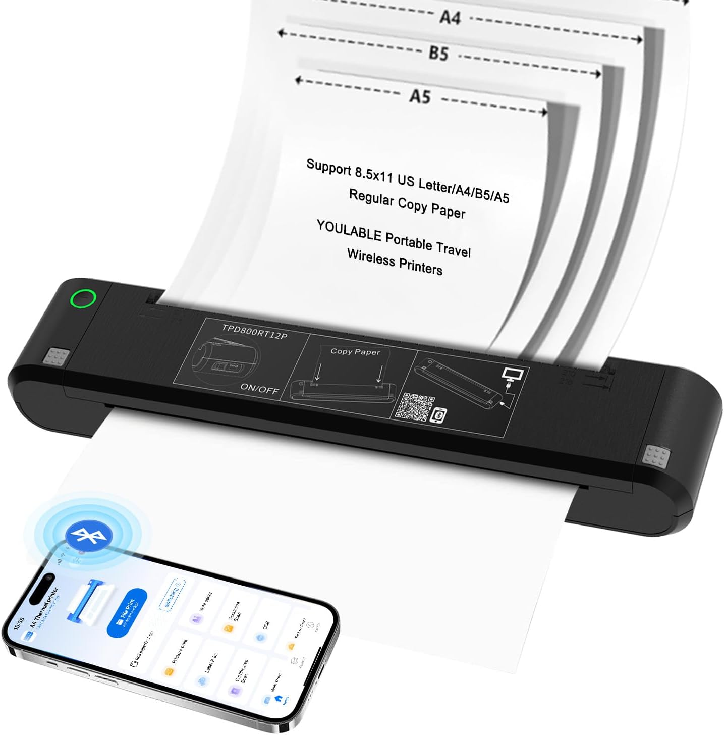 Portable Printers Wireless for Travel - 320 DPI Bluetooth Thermal Printer Support 8.5x11 US Letter & A4 Regular Copy Paper, Inkless Printer Compatible with Mobile & Laptop for Office Home