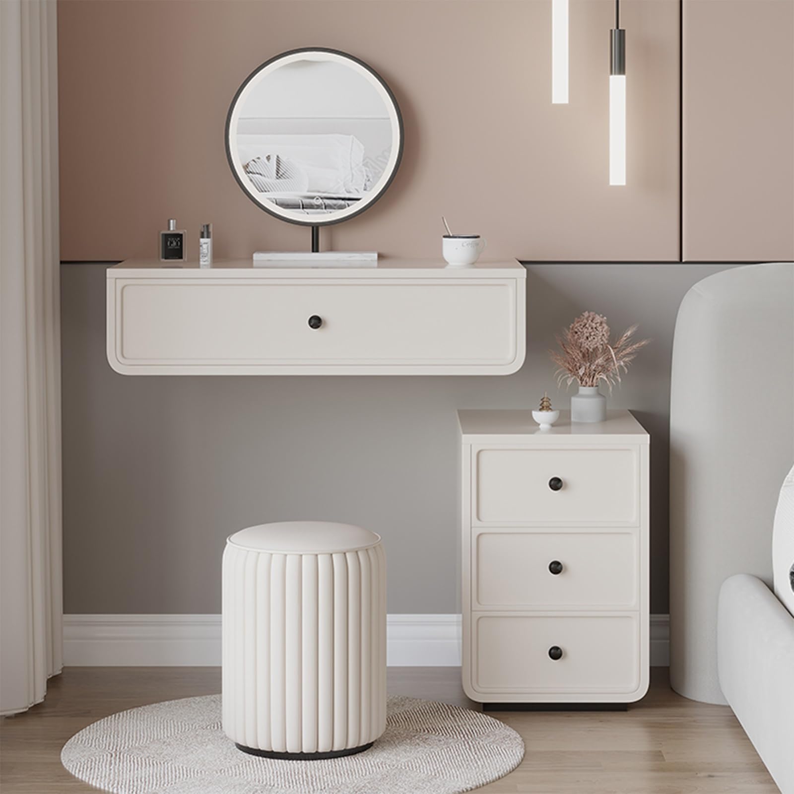 Tavolo da trucco galleggiante moderno con armadietto laterale e sgabello, postazione trucco da parete con specchio e illuminazione, per camera da letto (60 cm)