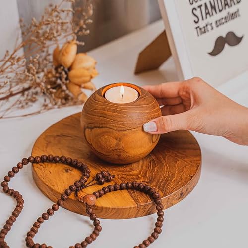 Rainforest Bowls Medium Javanese Teak Wood Ball Tea Light Candle Holder- Perfect For Home Decor, Dining Table, Wedding Centerpiece, Parties, Gifting- Ultra-Durable- Handcrafted By Indonesian Artisans #TOP3