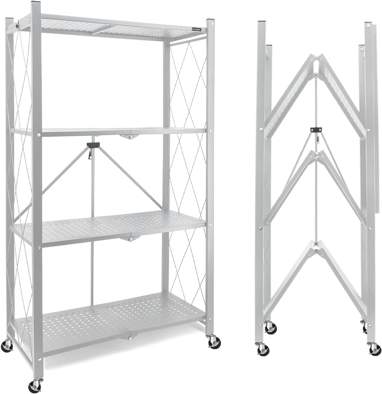 ALANNG 4 Tier Foldable Metal Shelf Unit Storage Rack for Garage Kitchen Baker's Closets, Foldable Organizer Heavy Duty on Wheels (Grey) Grey 4 shelf