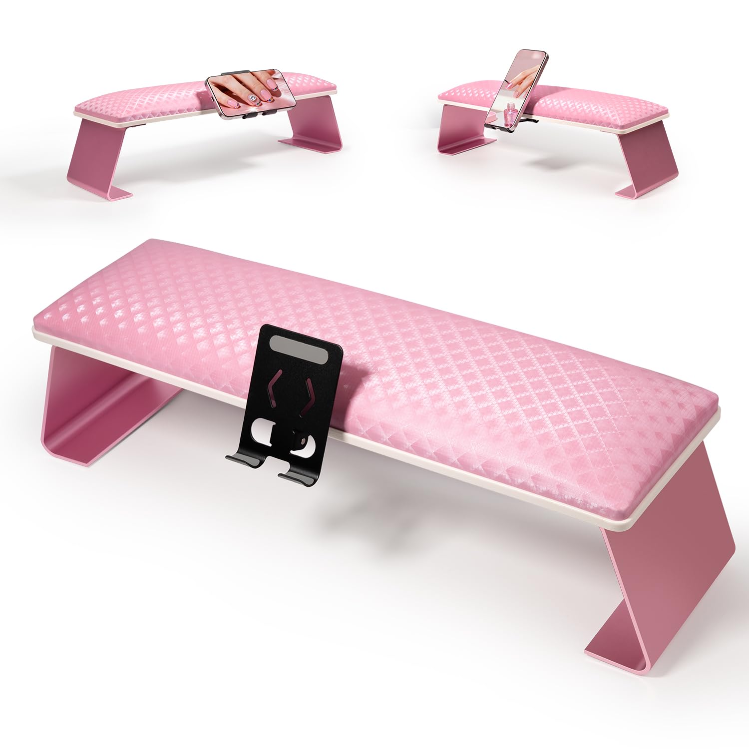 Krofaue Nail Arm Rest for Nails Tech, Ultra Stable Metal Frame with Phone Holder, Ergonomic Comfortable Premium Leather Nail Hand Rest, Large Size Fits Nail Lamp & Manicure Table, Non-Slip, Easy Clean