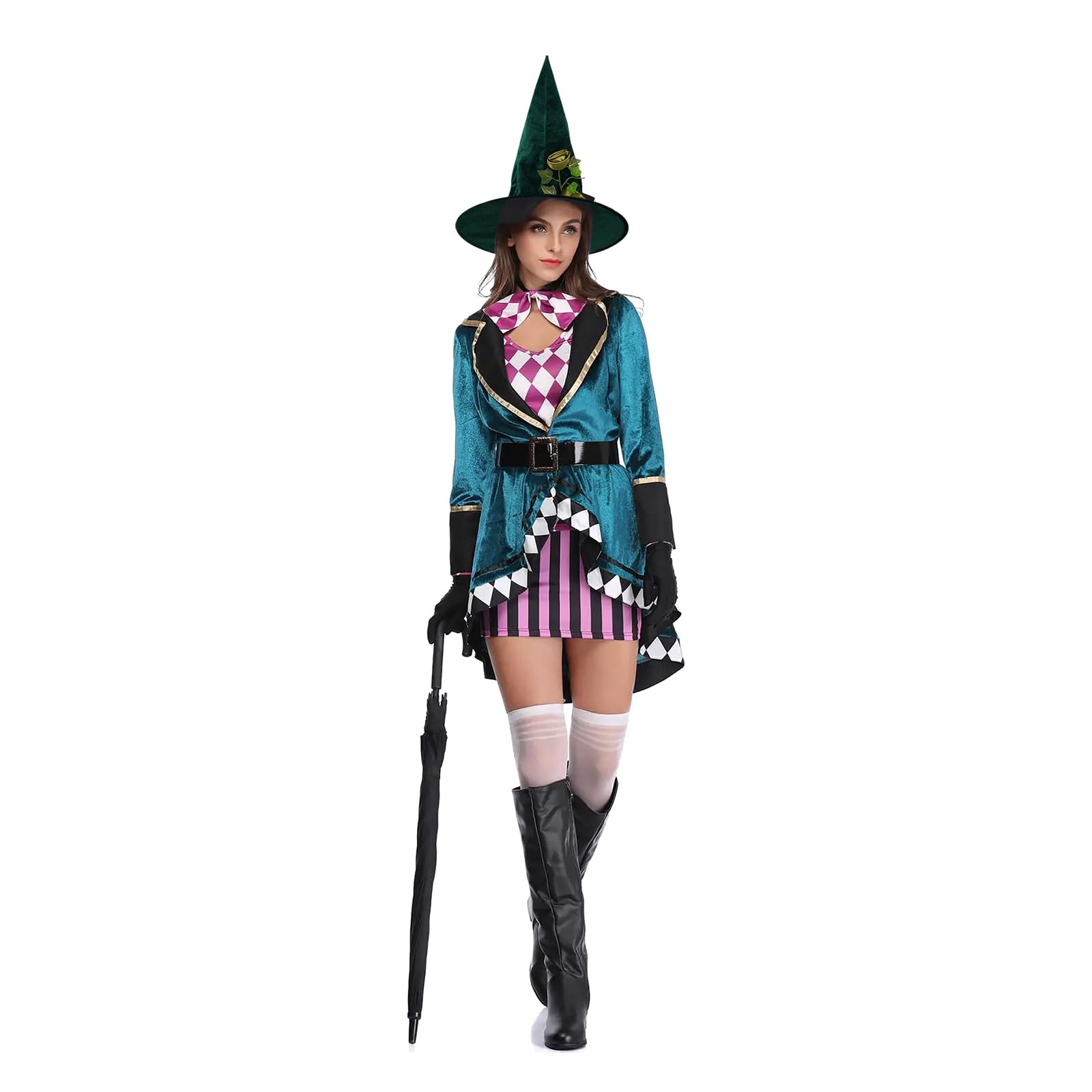 NICEYEA Halloween Witch Hat Green Wizard Hat with Rose Flower Wide Brim Magic Cap Fancy Dress Carnival Costume Christmas Party Cosplay Accessories - Image 2