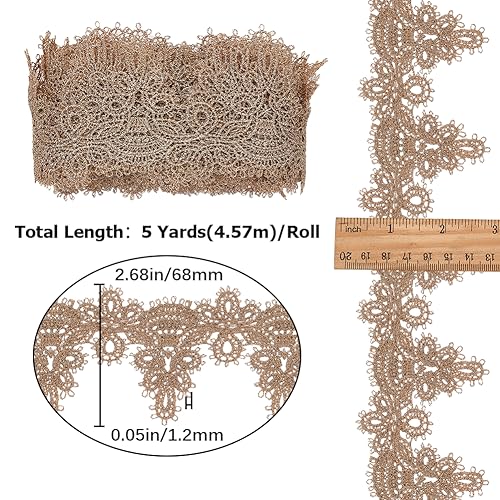 GORGECRAFT 5 Yards Gold Lace Trim Gold Floral Embroidered Applique Lace Fabric Tan Trim for DIY Sewing Cakes Home Decor Craft Costumes Wedding Bridal Dress (68mm wide) - Image 2