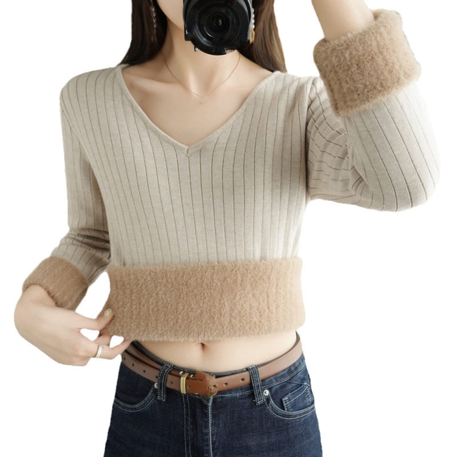 Suéter De Invierno para Mujer - Otoño/Invierno Mujer Más Suéter De Lana Gruesa Moda Suéter con Cuello En V Color Sólido De Manga Larga Forrado De Vellón Cálido Invierno Cálido Camisa De