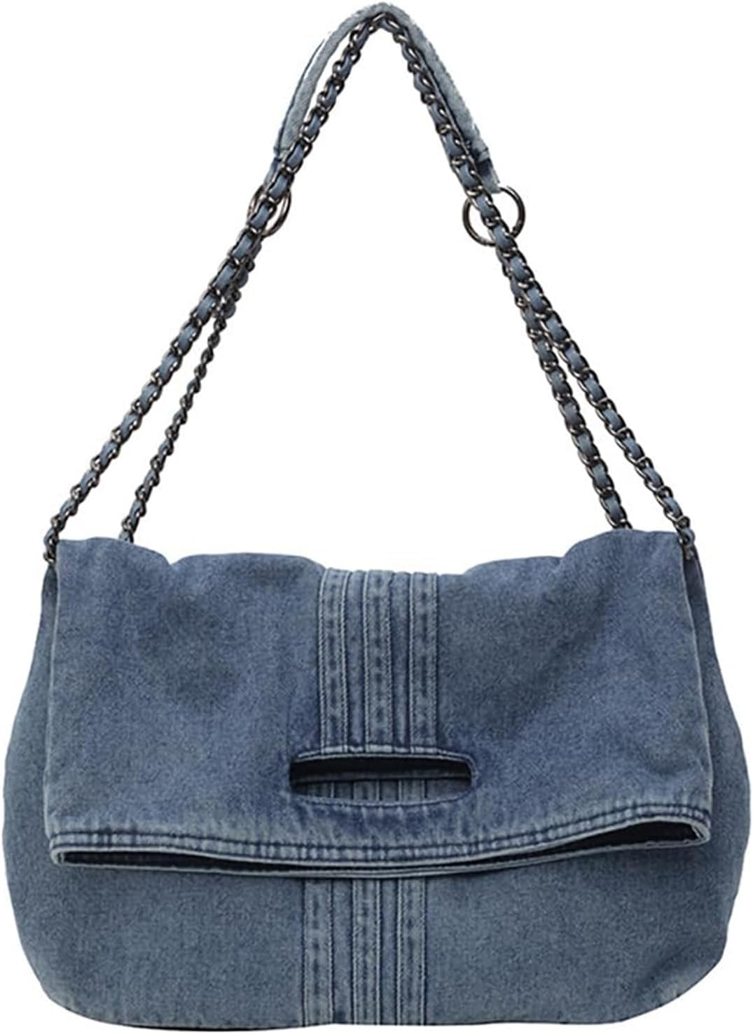 KASTWAVE Women’s Denim Hobo Shoulder Bag, Stylish Large Capacity Handbag with Chain Strap for Travel, Shopping & Beach, Versatile Canvas Crossbody Messenger Tote (Denim Blue)