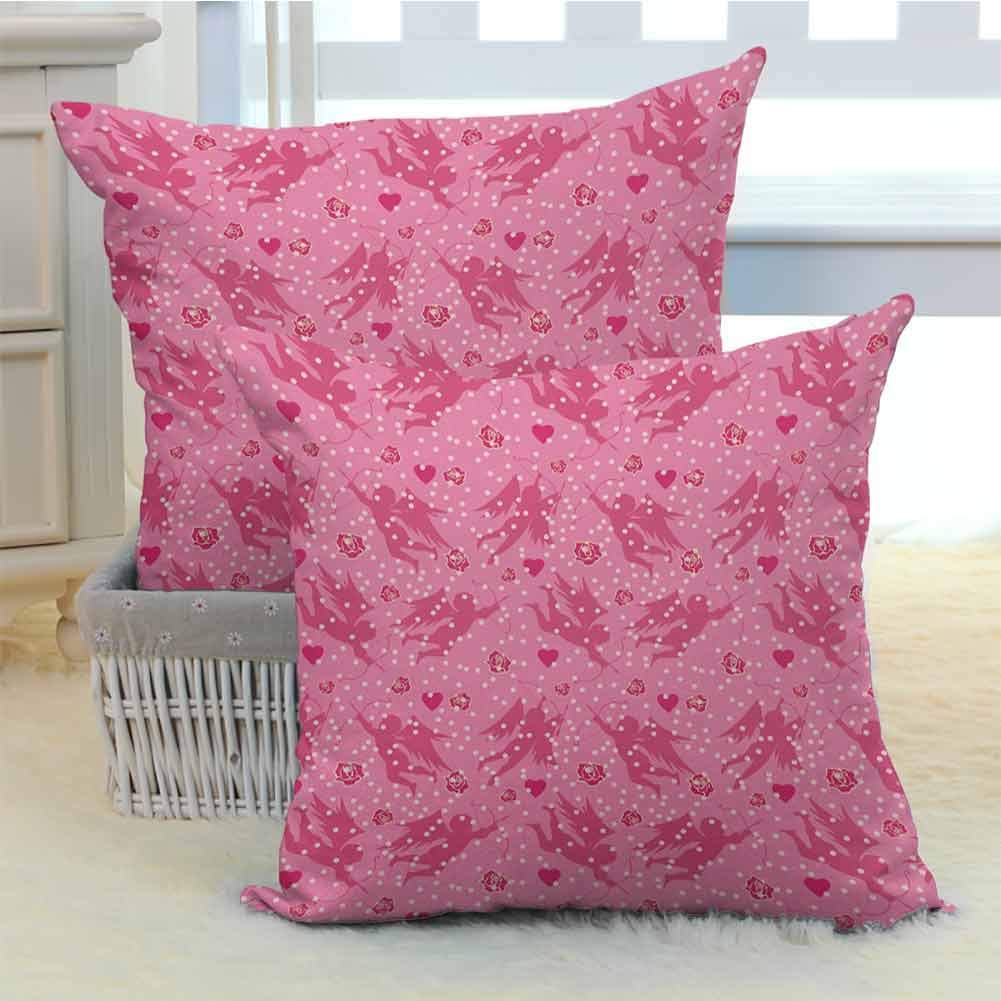 Angel Slip Pillowcase Eros with Hearts and Old Fashioned Polka Dots Rose Petals Valentine Retro for Home Decor Sofa Bedroom Car （2 PCS, 16x16 Inch） Hot Pink Blush Magenta