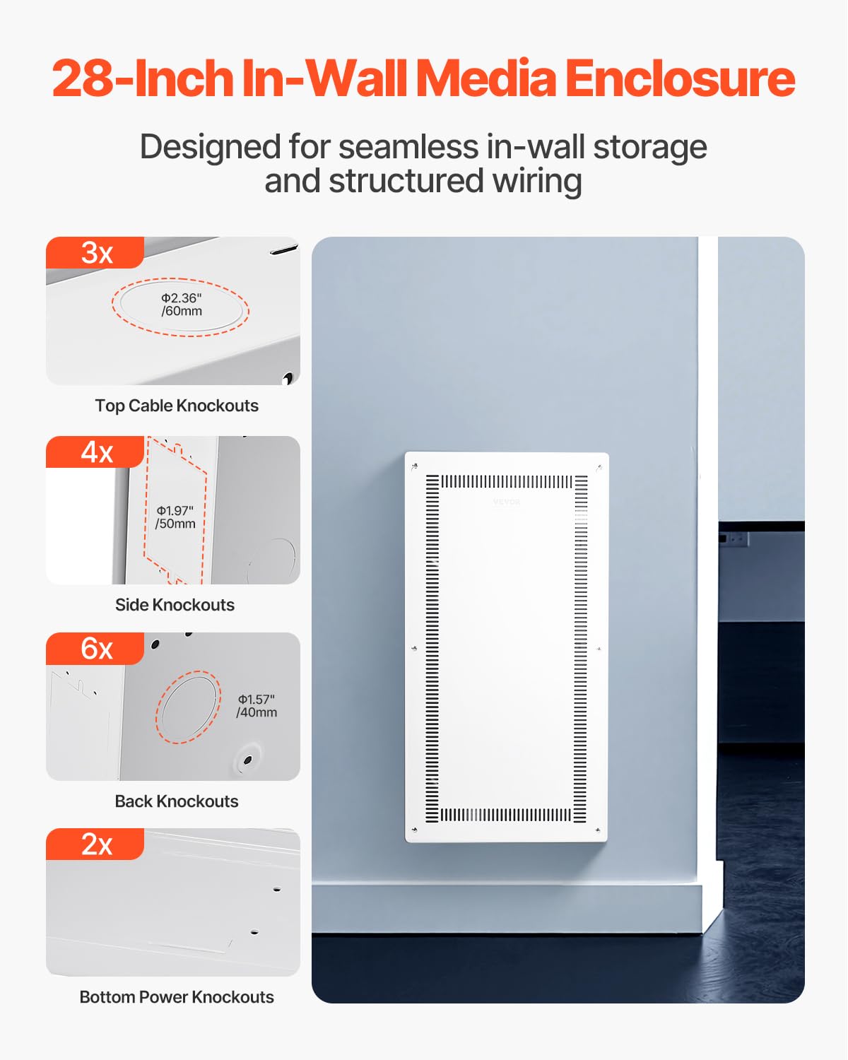 VEVOR Boîtier multimédia structuré, 71,1 cm, boîte multimédia encastrée avec couvercle, kit de gestion de câbles à montage mural, armoire multimédia à câblage structuré, acier laminé à froid, pour TV