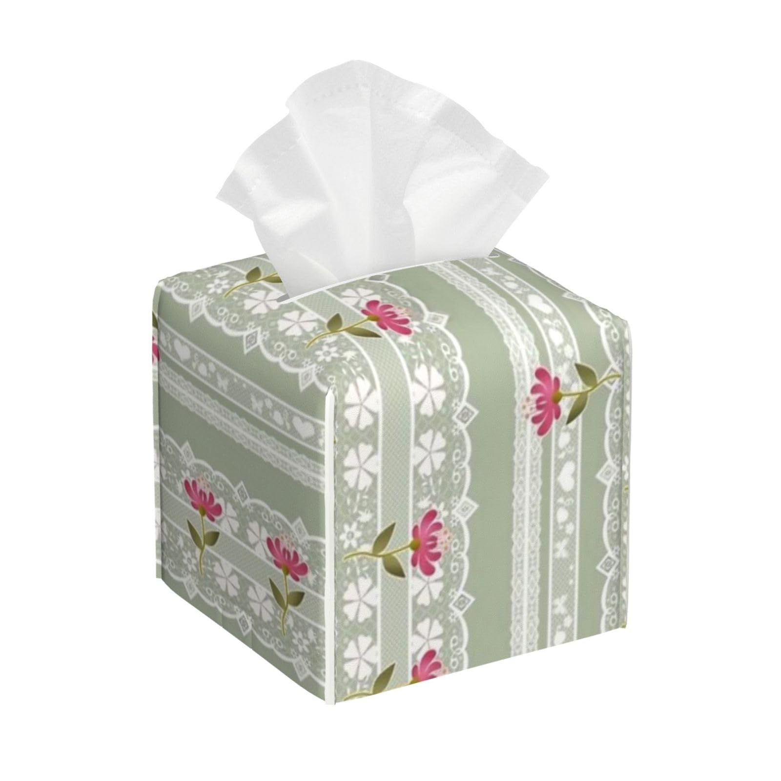 Flower Leaf Stripes Tissue Box Cover 5" Square Leather Tissue Holder Facial Tissue Case for Tabletop Bedroom Bathroom Desk Decor