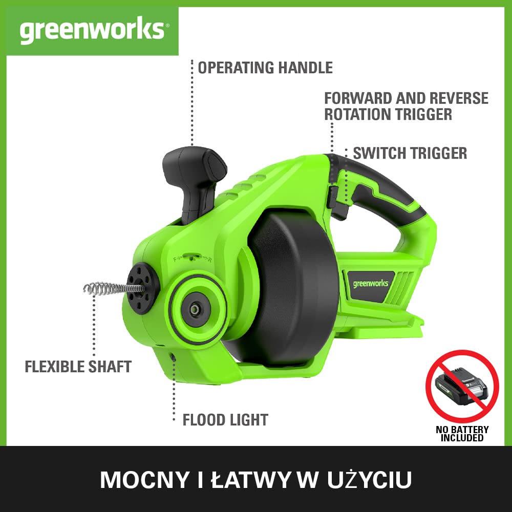 Greenworks G24DA Akumulatorowy Przepychacz do Rur 550 obr./min, Prześwit na Rurę 2,5-5 cm, Ślimak ze Stali Nierdzewnej 7,5 m BEZ Baterii 24V i Ładowarki