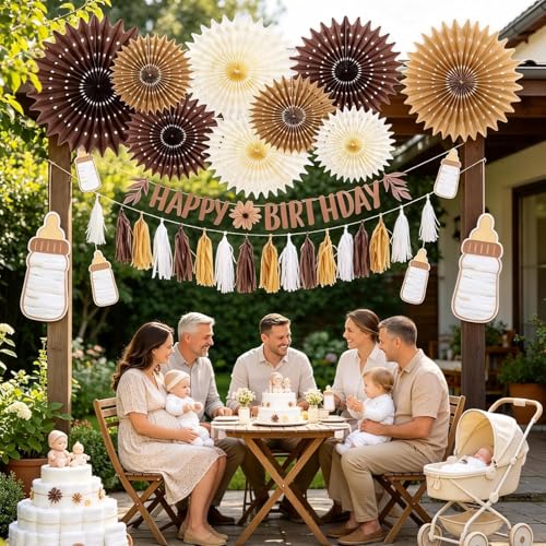 Image of Brown Birthday Party Decorations for Women Neutral Boho Happy Banner Banner Brown Cream Honeycomb Paper Fans Hanging Tassel Garland Rustic Wedding Baby Shower Western Cowboy Party Supplies