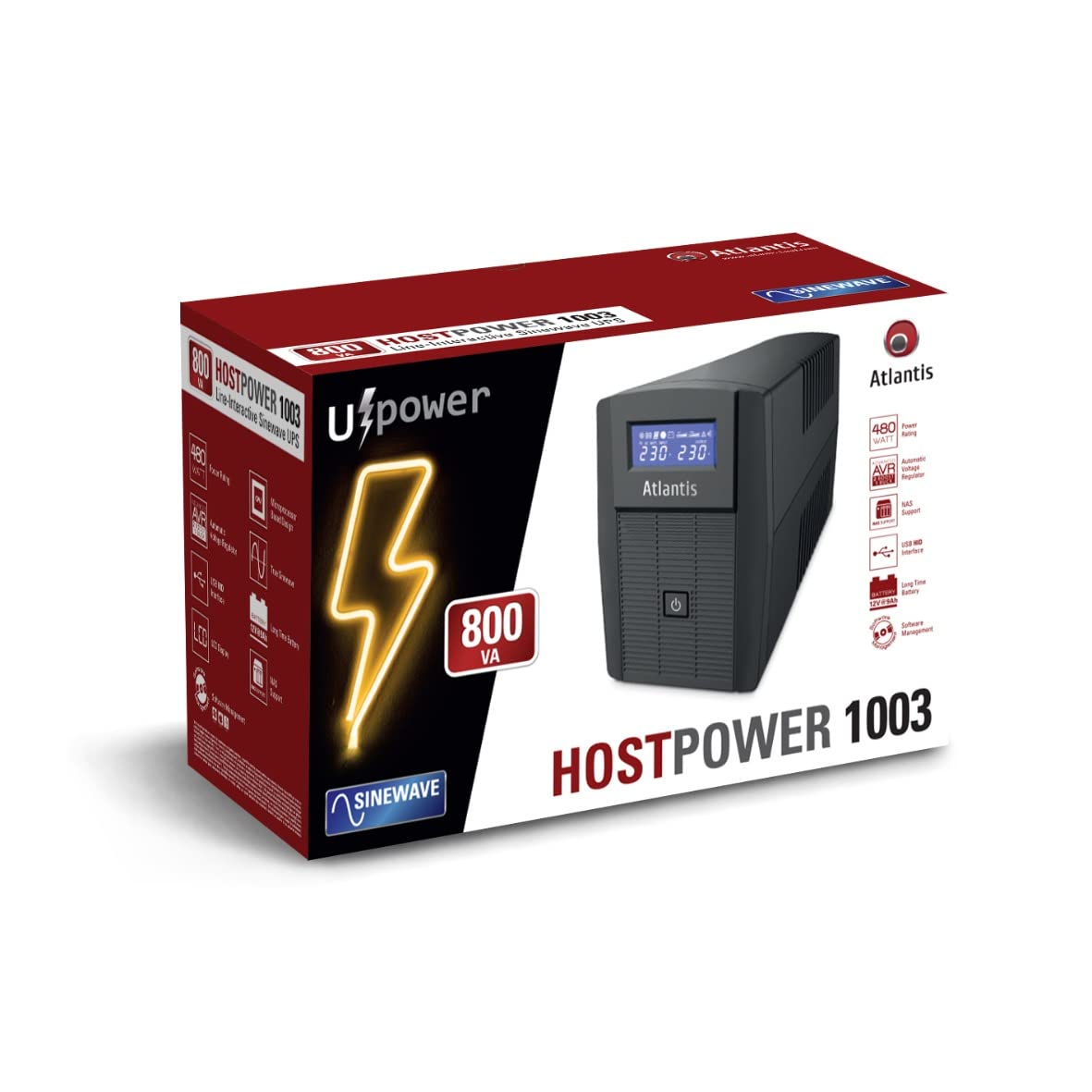 Atlantis A03-HP1003 Gruppo di Continuità Onda Sinusoidale Pura 800VA 480W Line Interactive LCD USB-HID 2 uscite Shuko