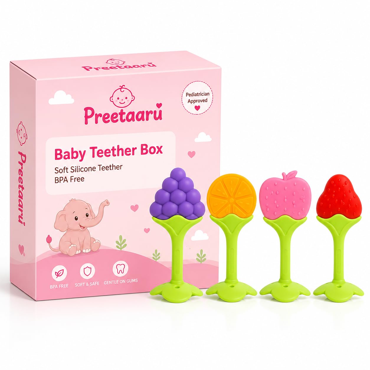 Fruit Shape Silicone Baby Teether | Food Grade BPA Free Teething Toys | Soft & Safe Gum Soother | Easy Grip for Infants | Grape & Strawberry | Pack of 4-image-10