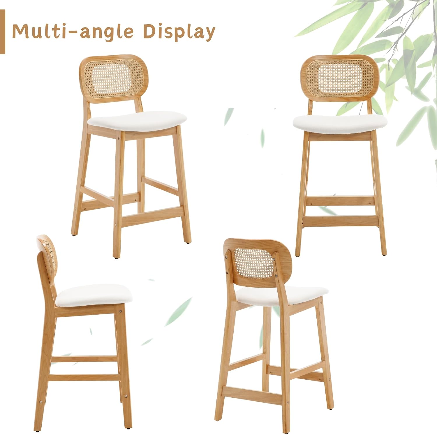 CIMOTA Farmhouse Counter Height Bar Stoos Set of 2 Rattan Back Boho Stools for Kitchen Island 26 Inch Bar Chairs Wooden Barstools, Natural Wood/Linen Beige